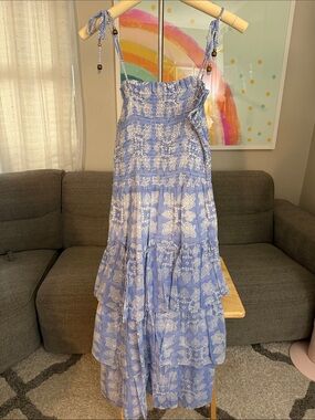 Oliphant Blue Floral Tiered Maxi Dress with Tie Straps